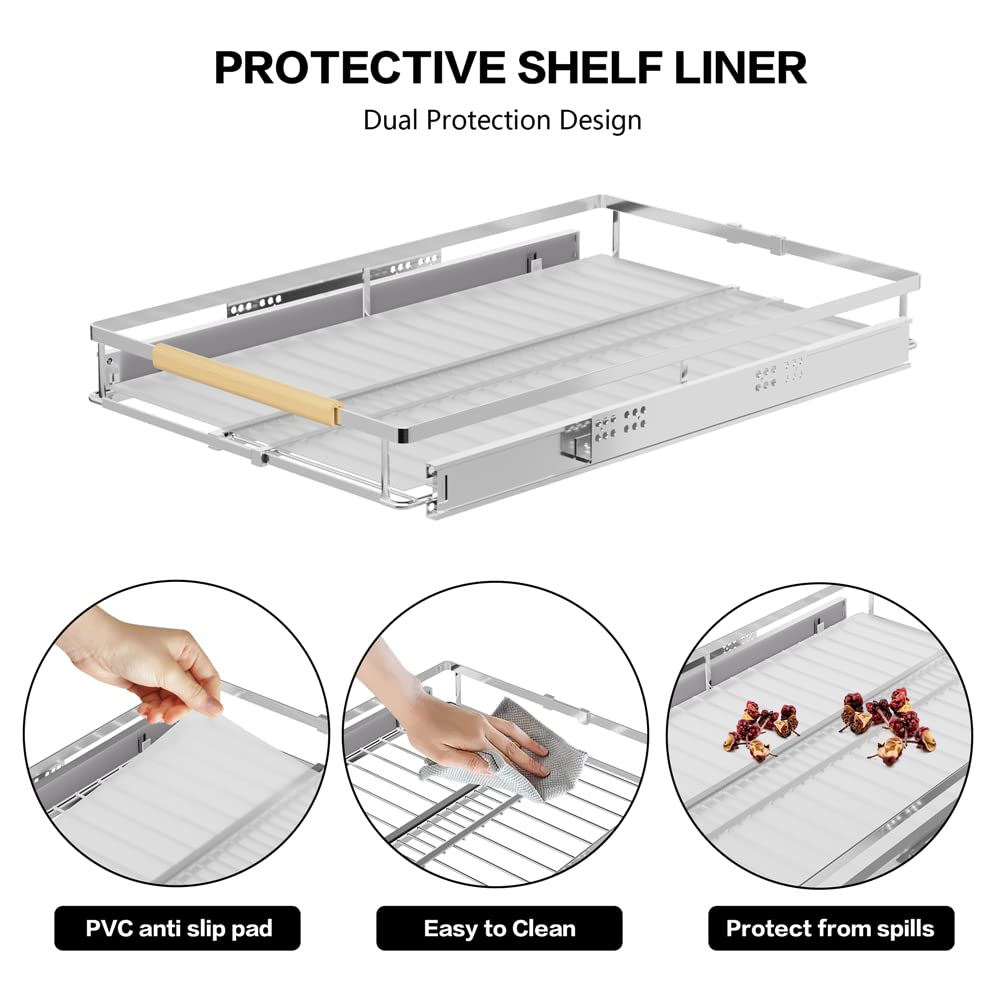 MIYUPTC Expandable Sliding Basket Drawer, Stainless Steel Pull-Out Organizer, 22''D for Kitchen, Bathroom, Wardrobe, 1 Pack