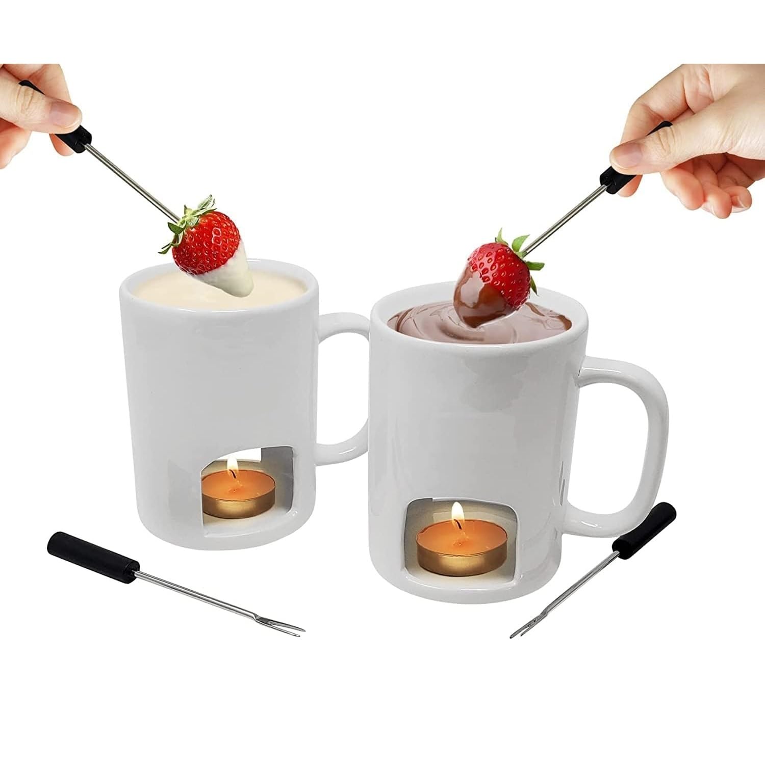 Kovot Personal Fondue Mugs Set Of 2 | Ceramic Mugs For Chocolate Or Cheese | Includes Forks And Tealights| Double Vented (White)