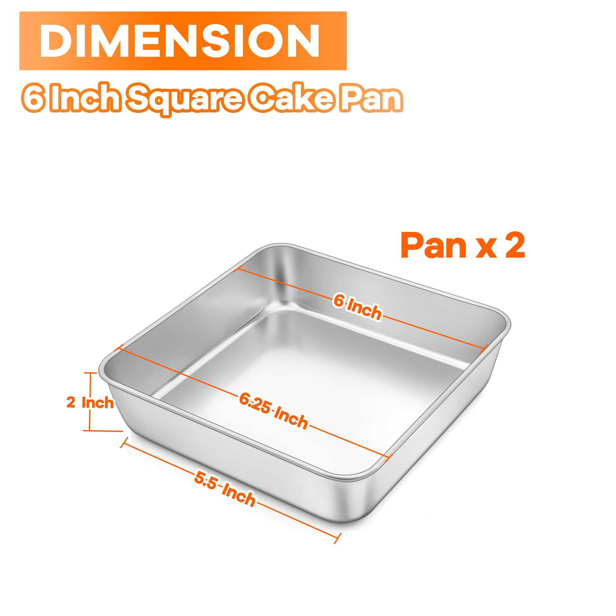 Teamfar 6 Inch Square Cake Pan, Stainless Steel Square Baking Pan For Lasagna Cake Brownie, Healthy & Heavy Duty, Dishwasher Saf