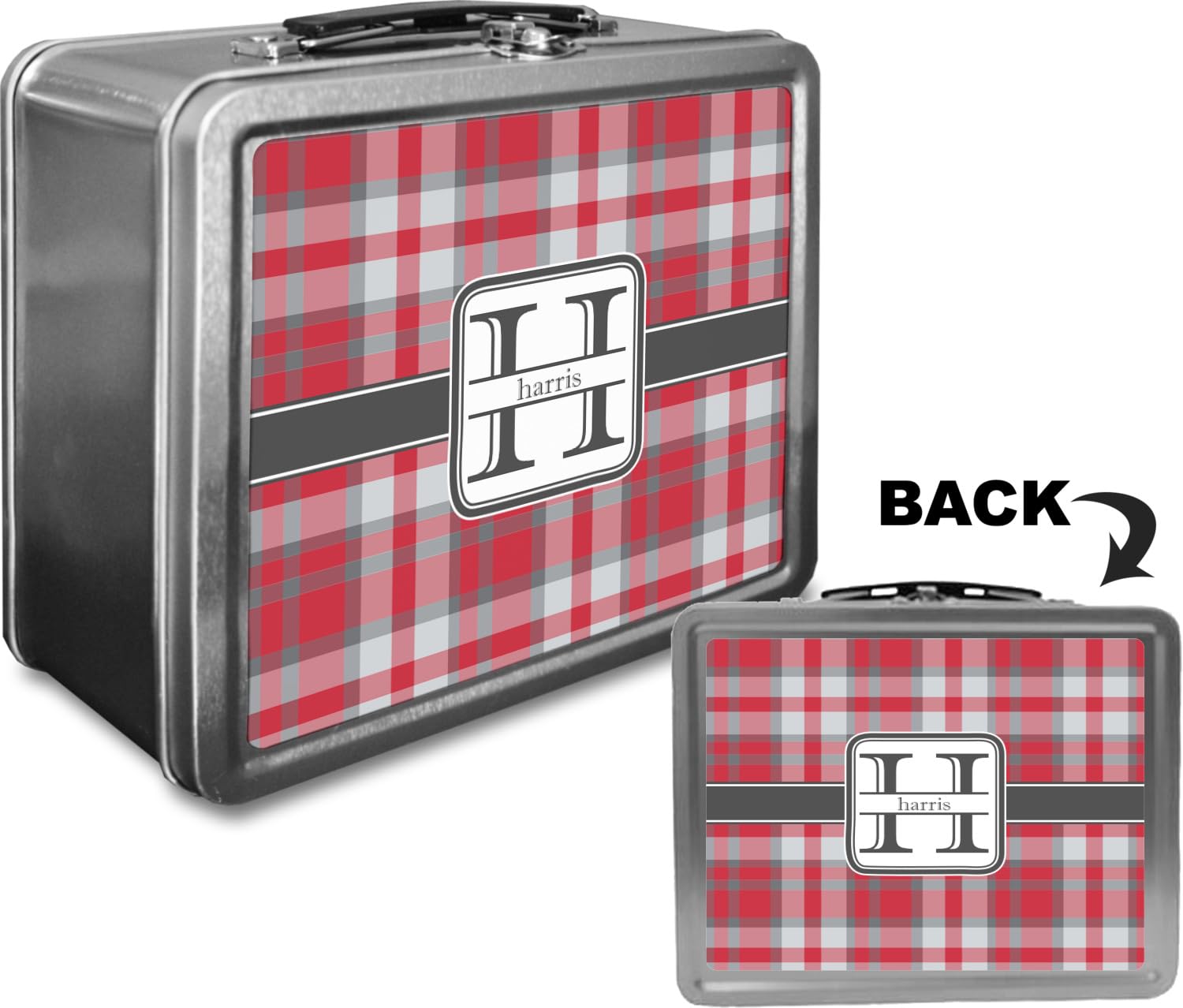 Personalized Red & Gray Plaid Lunch Box
