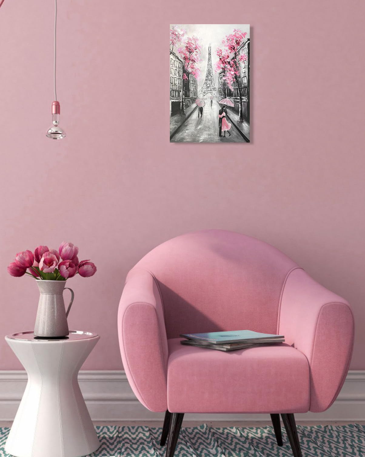 Ypy Abstract Paris Canvas Wall Art: Pink And Grey Room Decor For Teen Girls Black White Artwork Eiffel Tower Picture Print Paint