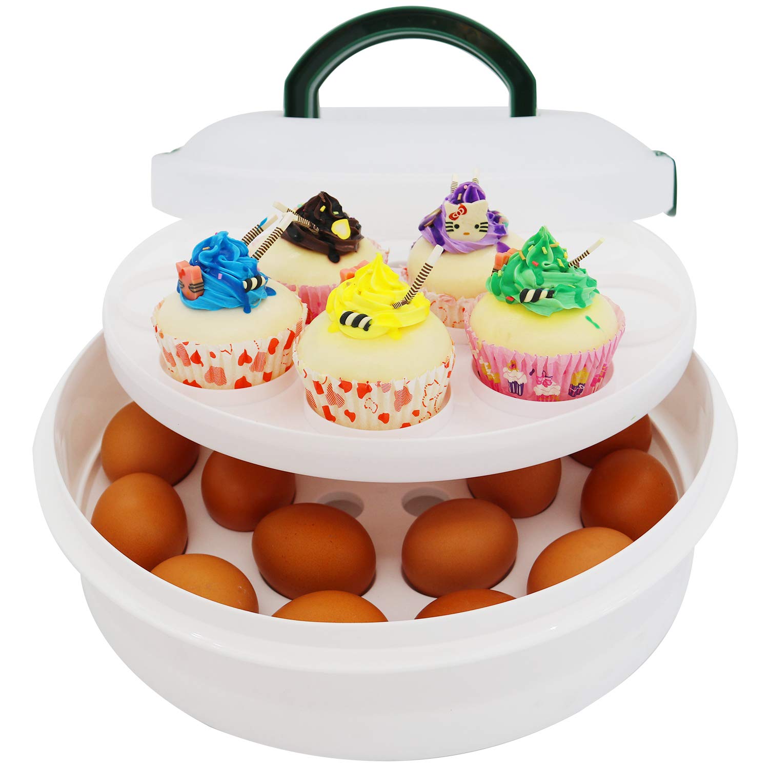 Atrdto 10 Inch Portable Pie Carrier With Lid And Tray 3-In-1 Round Cupcake Container Egg Holder Muffin Tart Cookie Keeper Food (