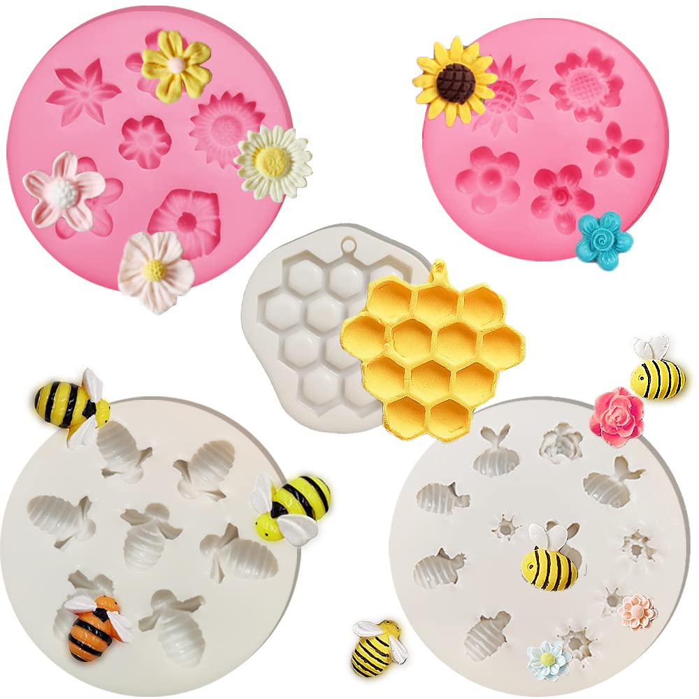 5 Pcs Bumble Bee And Flower Fondant Molds, Cnymany Handmade Silicone Honeycomb Baking Chocolate Molds For Birthday Party Decorat