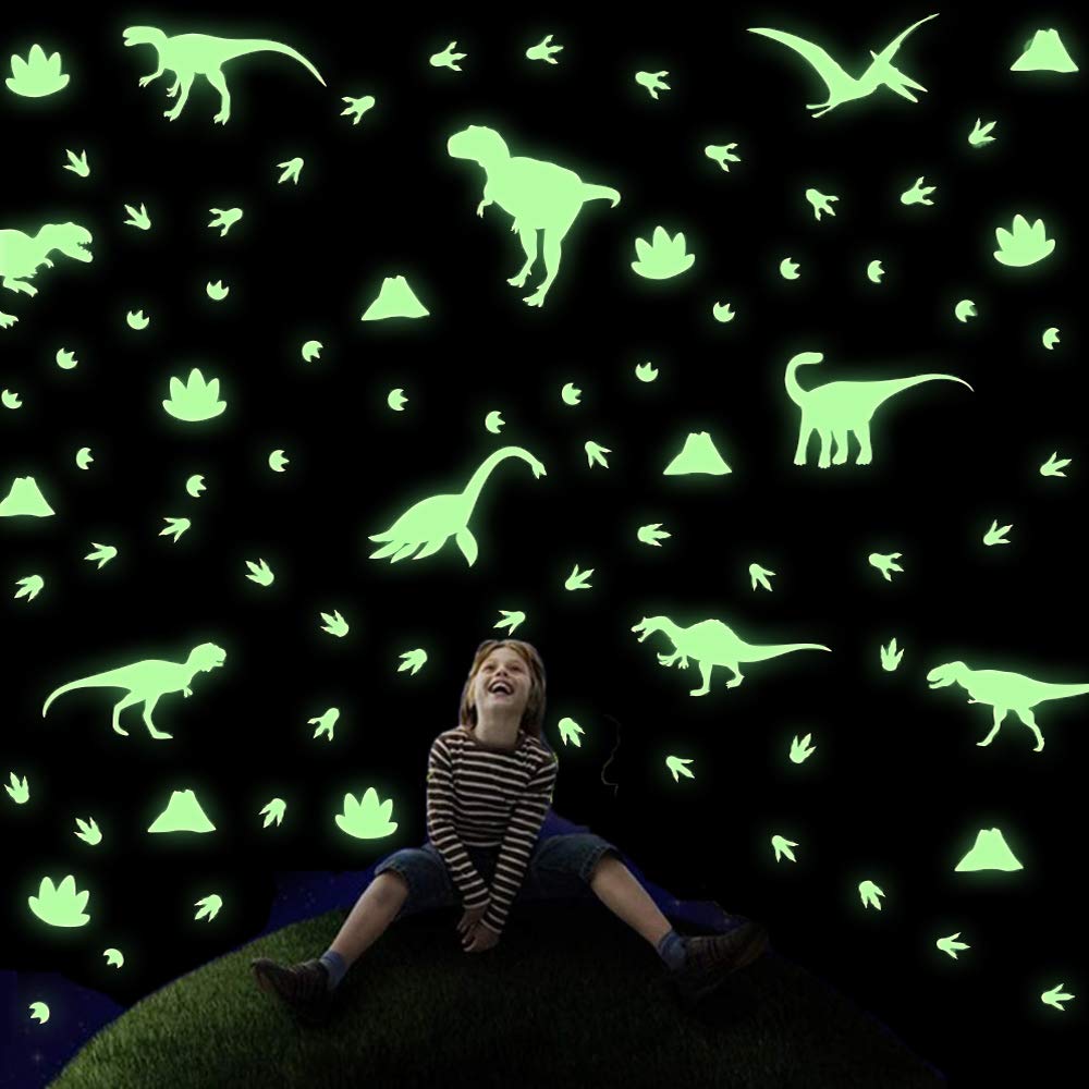 IARTTOP Dinosaur Wall Decals Glow in The Dark Dinosaur Stickers for Kids Room Dinosaur Theme Footprints Volcano Wall Sticker for Boys Baby Bedroom Nursery Decoration