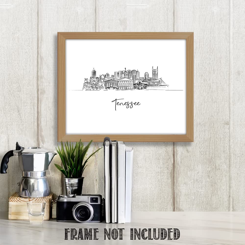 Tj Originals - Tennessee City Skyline Landscape Hand Illustrated Wall Art Decor - Unframed 11 X 14 Black & White Print - Anniver