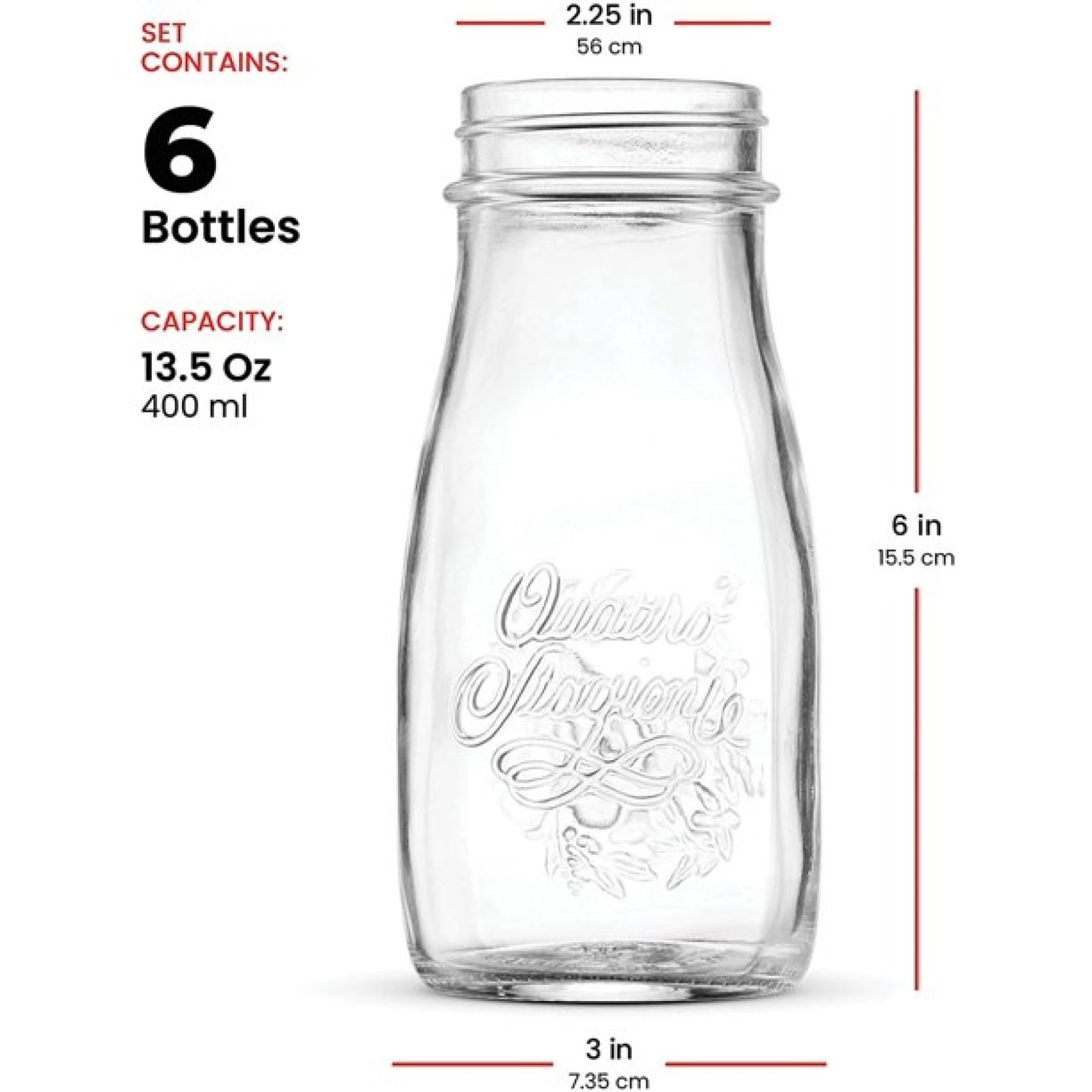 Bormioli Rocco Quattro Stagioni, Set Of 6, Glass Canning Mason Jars And Drinking Bottles, 13.5 Oz. With Gold Metal Airtight Lids
