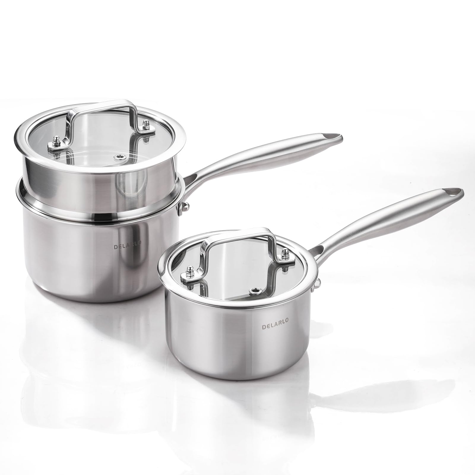DELARLO Sauce Pan Sets, Compatible with All Cooktops 600?, Full Clad Triply Stainless Steel Saucepan, 1QT Pot & 2 QT Pot with St