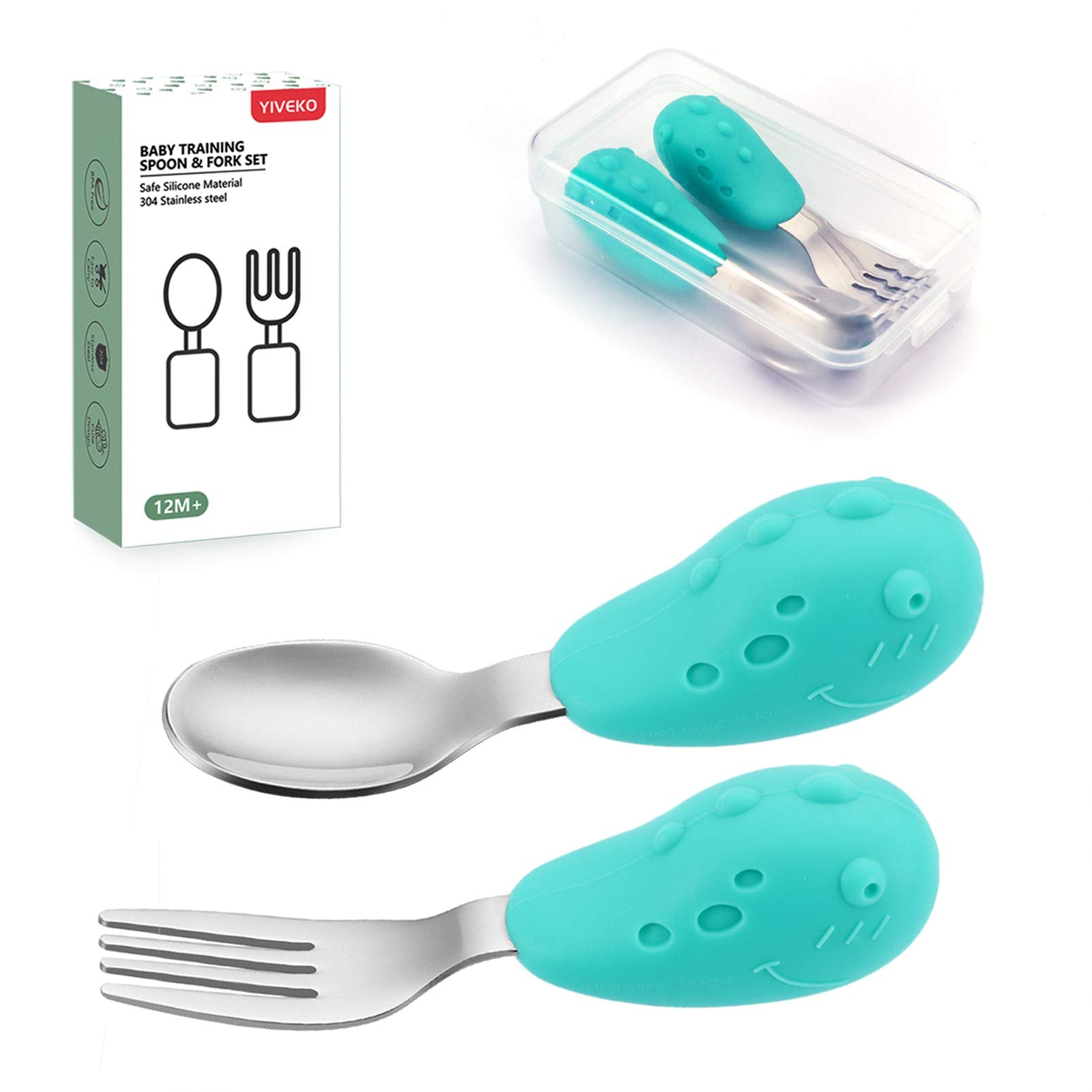 YIVEKO Baby Fork and Spoon Set with Carry Case Baby Training Utensils Self Feeding Toddler Silverware Silicone and Stainless Ste