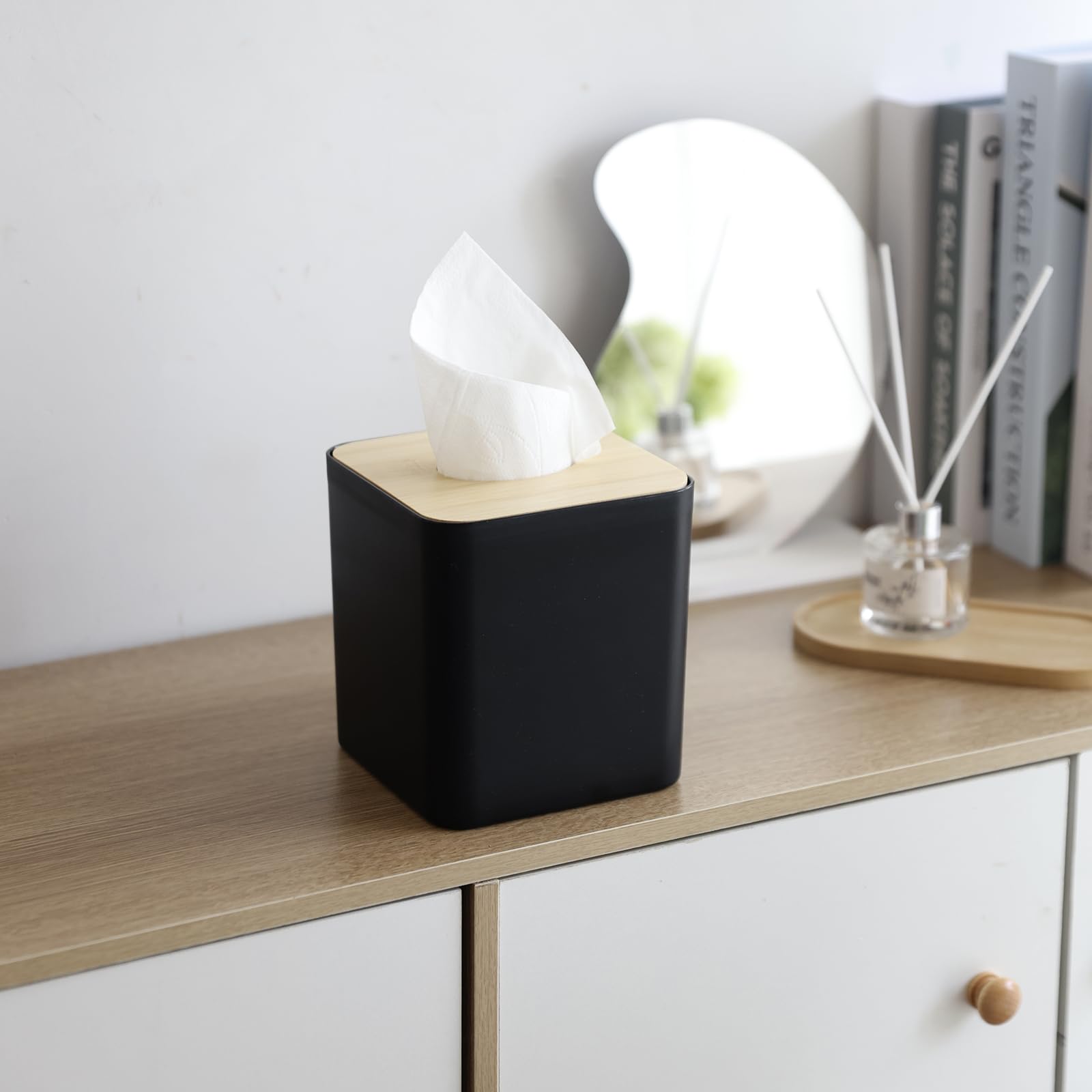 Square Tissue Box Cover,Black Tissue Box Holder,Bamboo Facial Cube Box Cover For Storage On Bathroom Vanity, Countertop, Bedroom