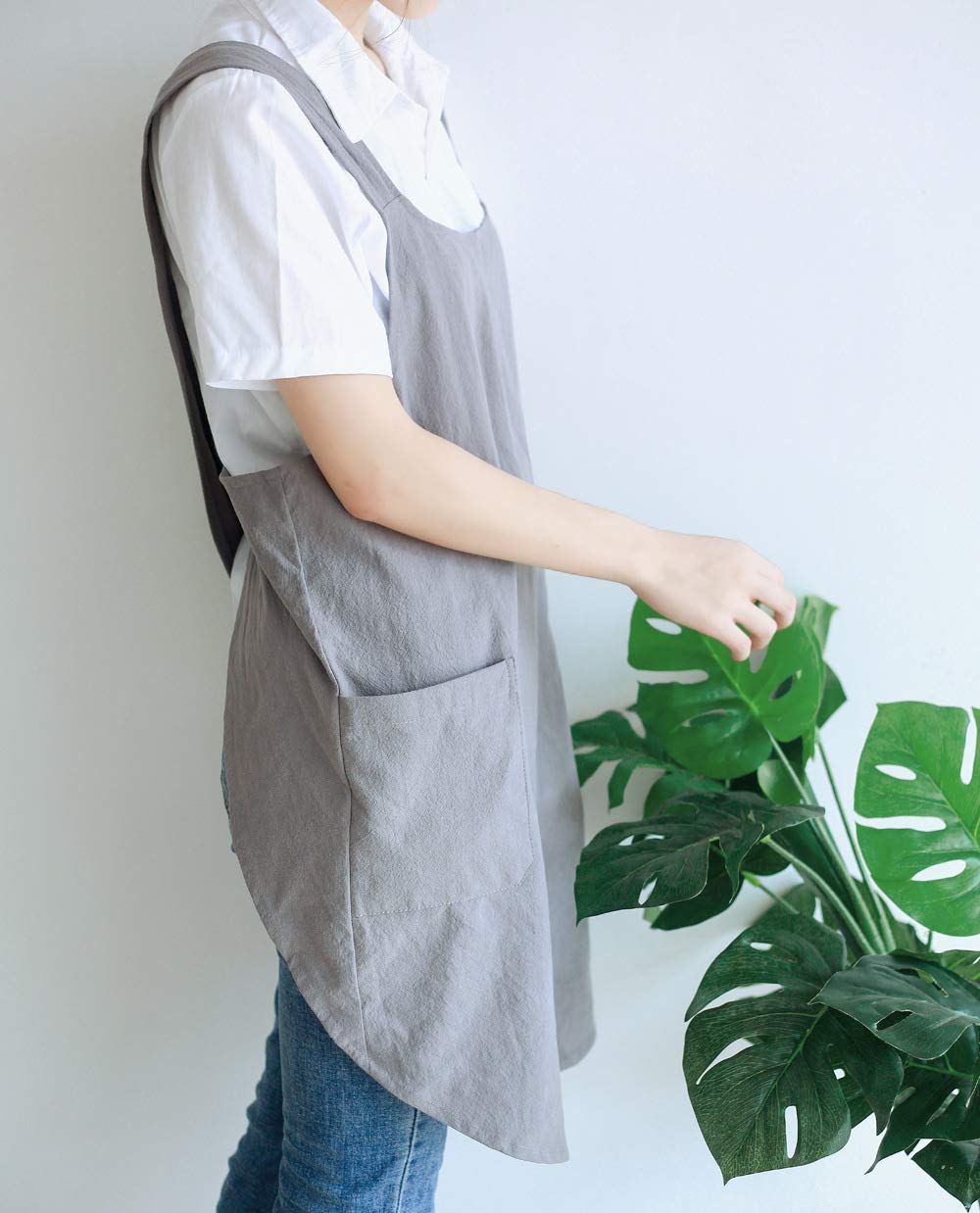 NEWGEM Japanese Linen Cross Back Apron for Women, One Size, Dark Gray, Cotton Blend, Pockets, Ideal for Cooking, Baking, Gardening
