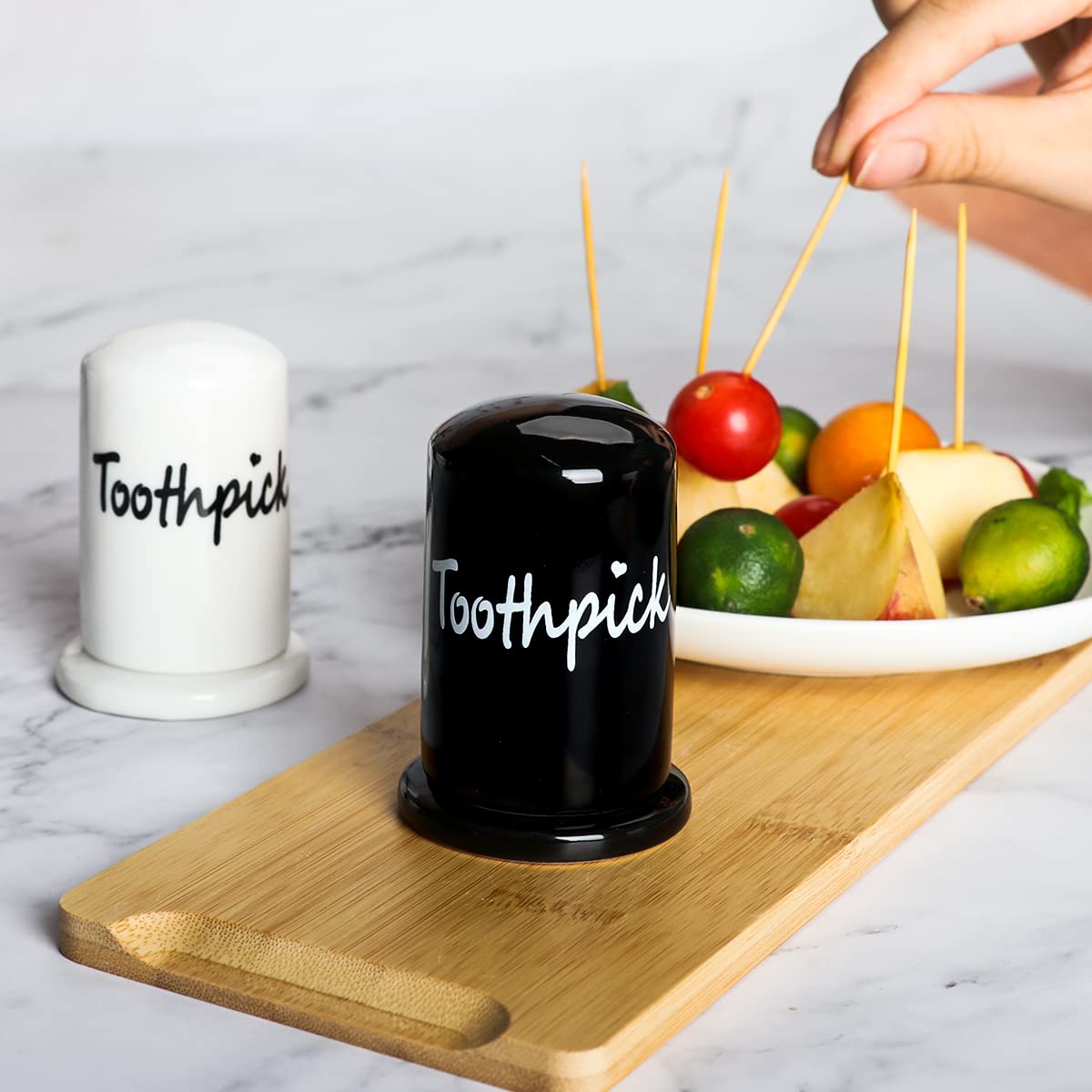 Swetwiny Ceramic Toothpick Holder Set Of 2, Porcelain Toothpick Holder Dispenser With Lid For Home And Kitchen Decor (White+Blac