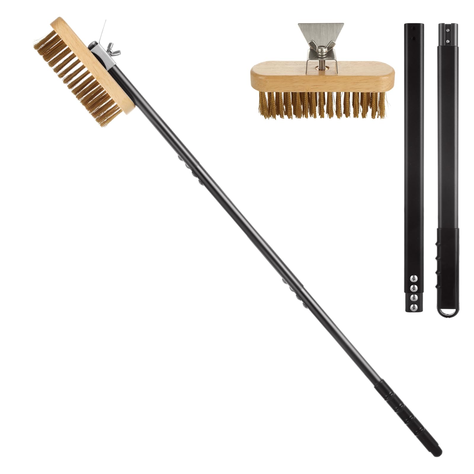 Muxhel 1 Pcs Adjustable 47'' Pizza Oven Brush With Scraper, Brass Bristles Pizza Stone Brush With Detachable Handle And Screwdri