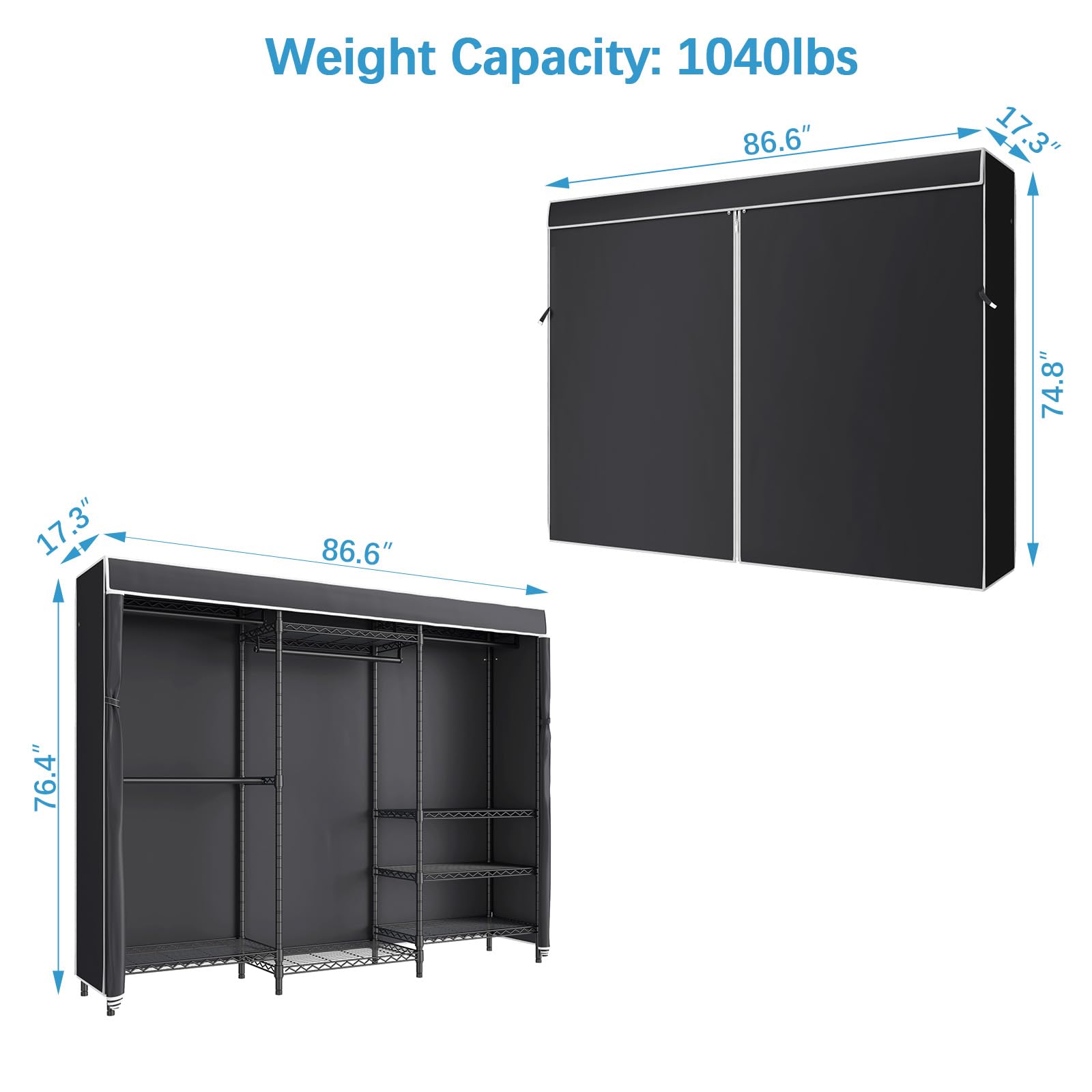 Vipek V5C Plus Portable Wardrobe Closet, Heavy Duty Clothes Rack With Adjustable Shelves, Black Metal, Max Load 1040Lbs, Zippere
