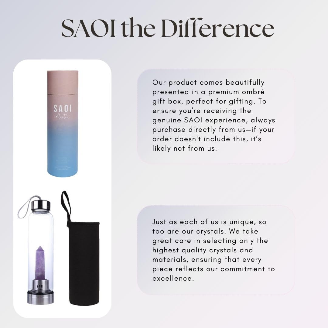 SAOI Crystal Water Bottle - Amethyst - Natural Wellness Healing - Glass/Stainless Steel