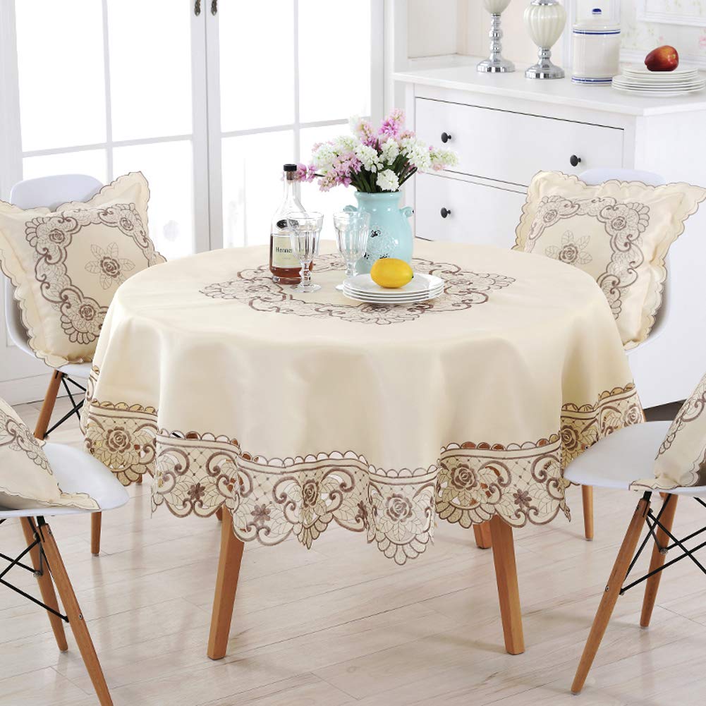 AMZALI Round Table Cloth Flower Embroidered Tablecloth Wrinkle Free & Stain Resistant Fabric Table Cover for Kitchen Dinner (60 inch)