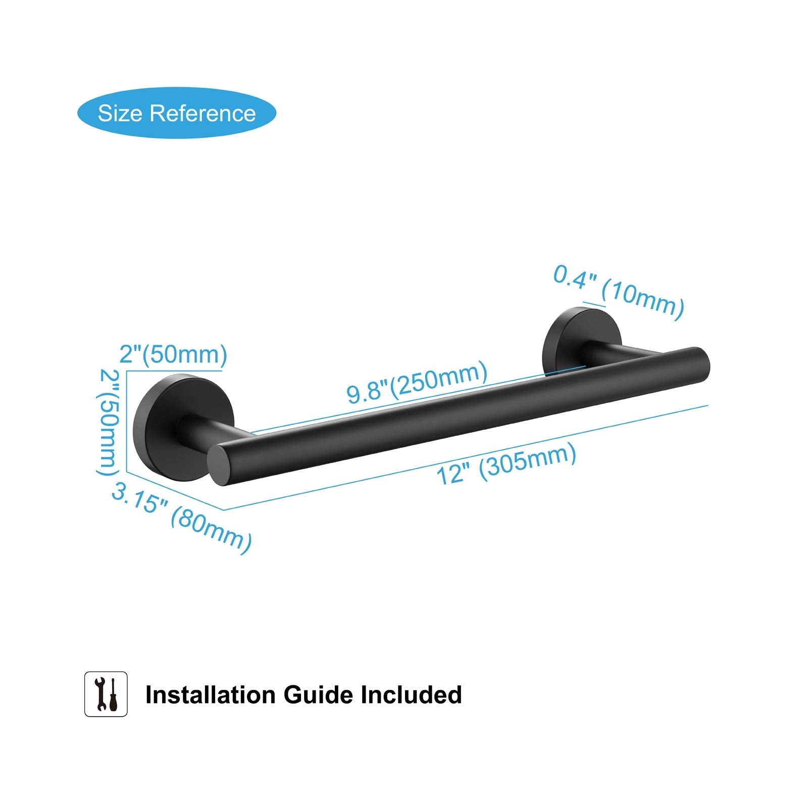 Tastos 12 Inch Black Single Towel Bar Rack, Sus 304 Stainless Steel Round Bathroom Towel Bar Heavy Duty Towel Holder Kitchen Tow