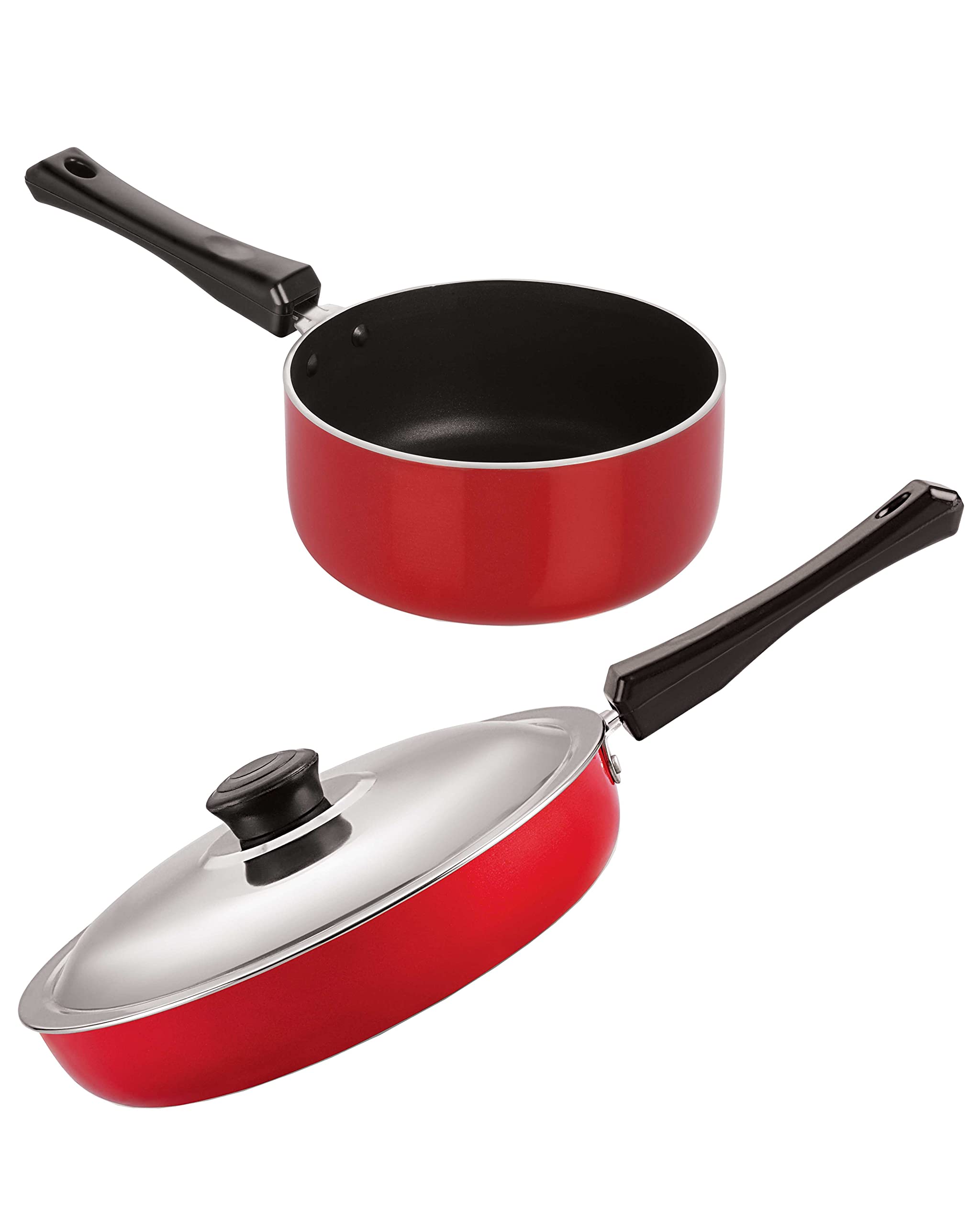 Deluxe Combo Set Of NonStick Frying Pan 2.25 Litre With Stainless Steel Lid And Sauce Pan Big 1.8 Litre, Red & Black, Aluminium