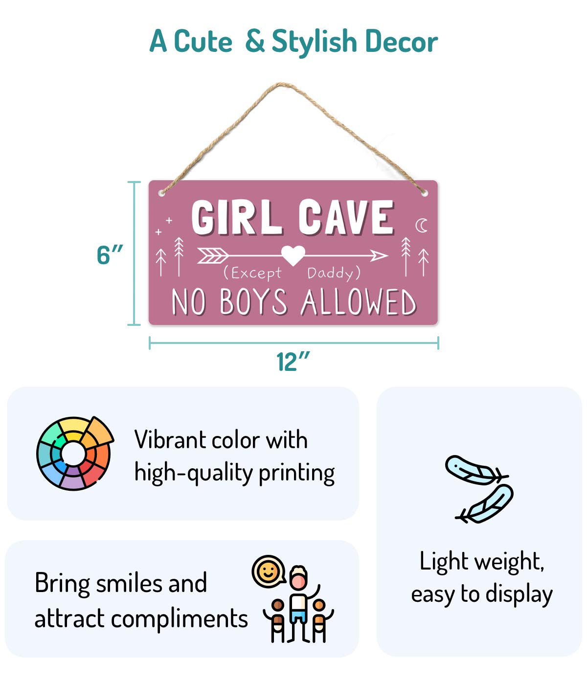 Girl Cave Sign, Teen Girls Room Decor, 12 * 6 Wall Hanging Decoration, Girls Only No Boys Allowed Except Daddy for Little Girls