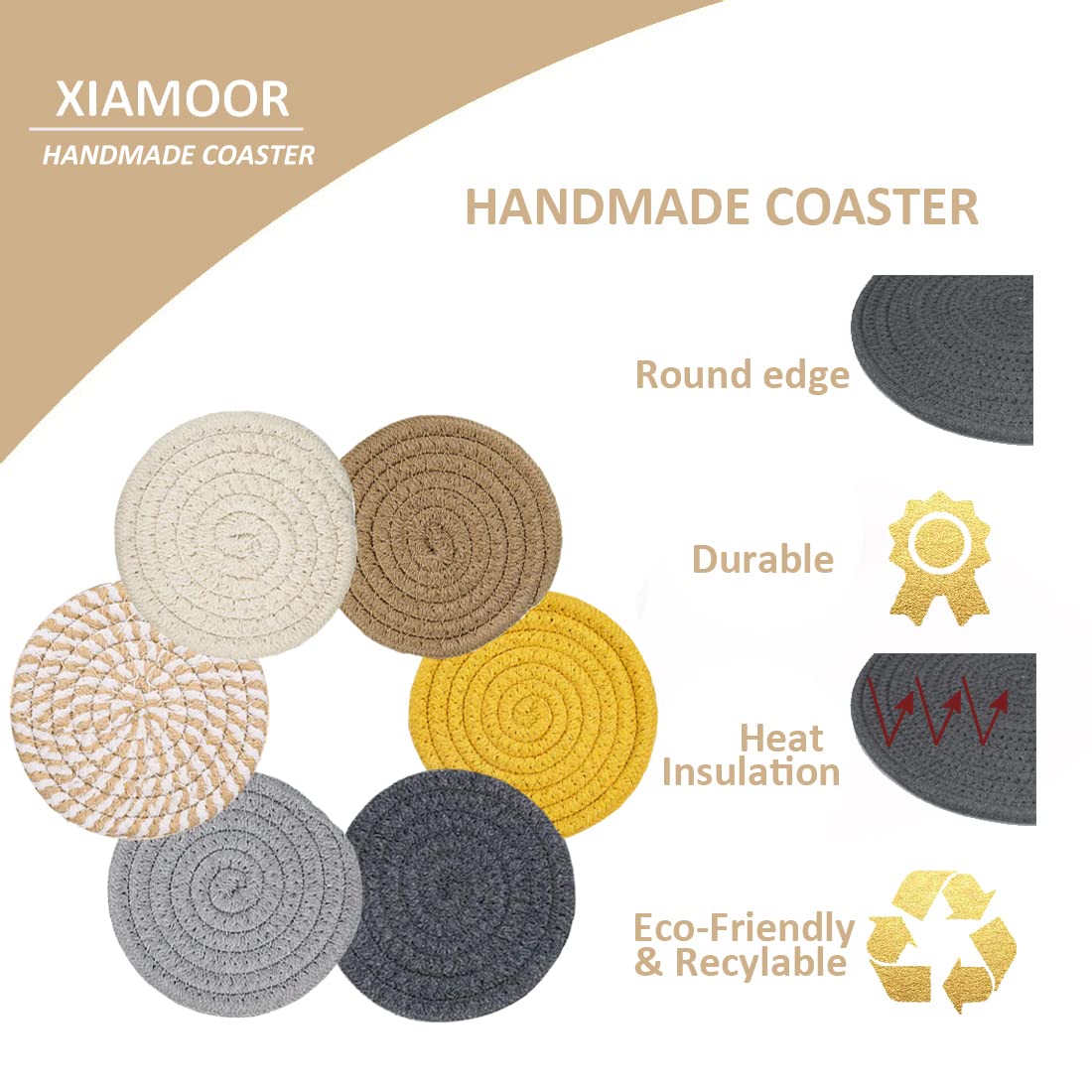 Absorbent Drink Coasters, Handmade Braided Drink Coasters, Set Of 6 (4.3 Inch, Round, 8Mm Thick), Super Absorbent Heat-Resistant