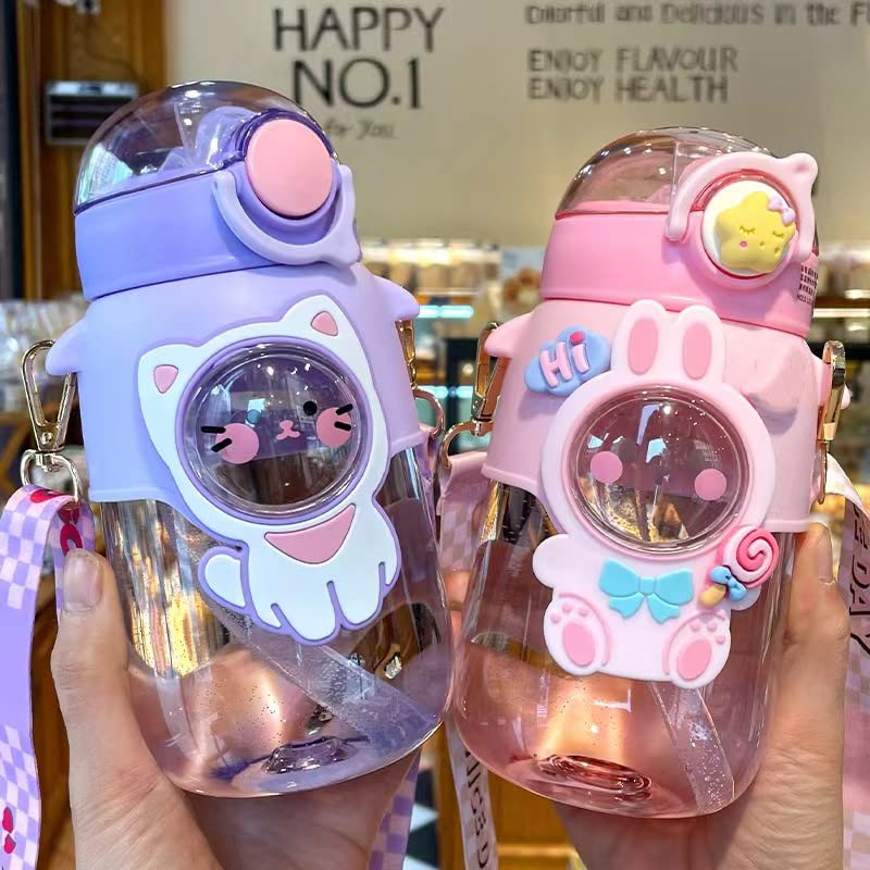 Excvalues Kawaii Bear Water Bottle With Straw And Shoulder Strap, 25Oz Cute Large Capacity Water Bottles With 3D Stickers For Gi