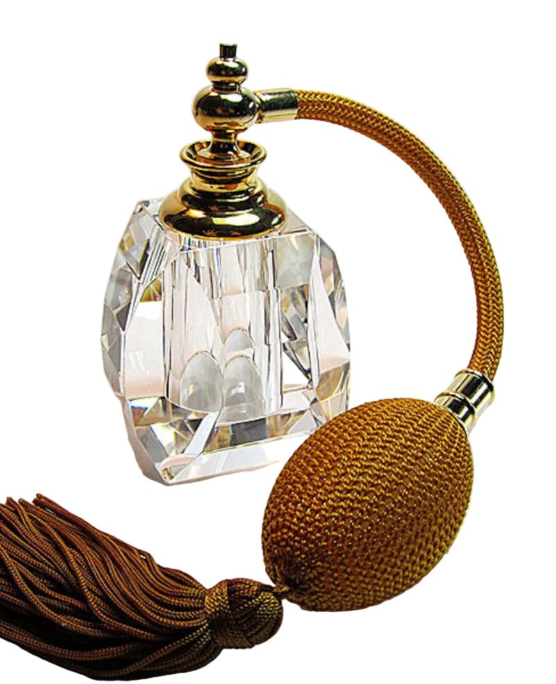 AliceAliya Genuine Crystal Perfume Refillable Empty Atomizer Bottle With Bulb And Tassel Sprayer Attachment. (Brown gold bulb a