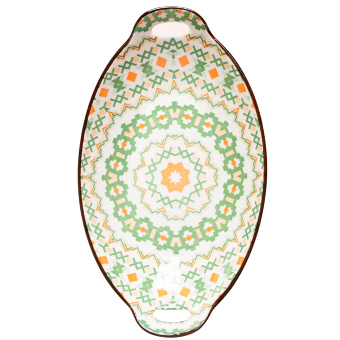 Nestasia Green Criss-Cross Ceramic Long Dish with Handles for Serving Snacks, Appetizers, Salads, and Noodles| Microwave Safe, D