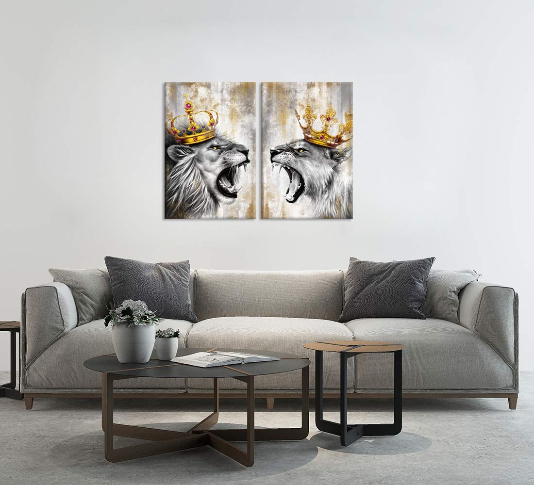 Zlove 2 Pieces Lion King Wall Art Lion And Lioness With Crown Grey And Gold Romantic Animal Couple Artwork For Bedroom Modern Ho