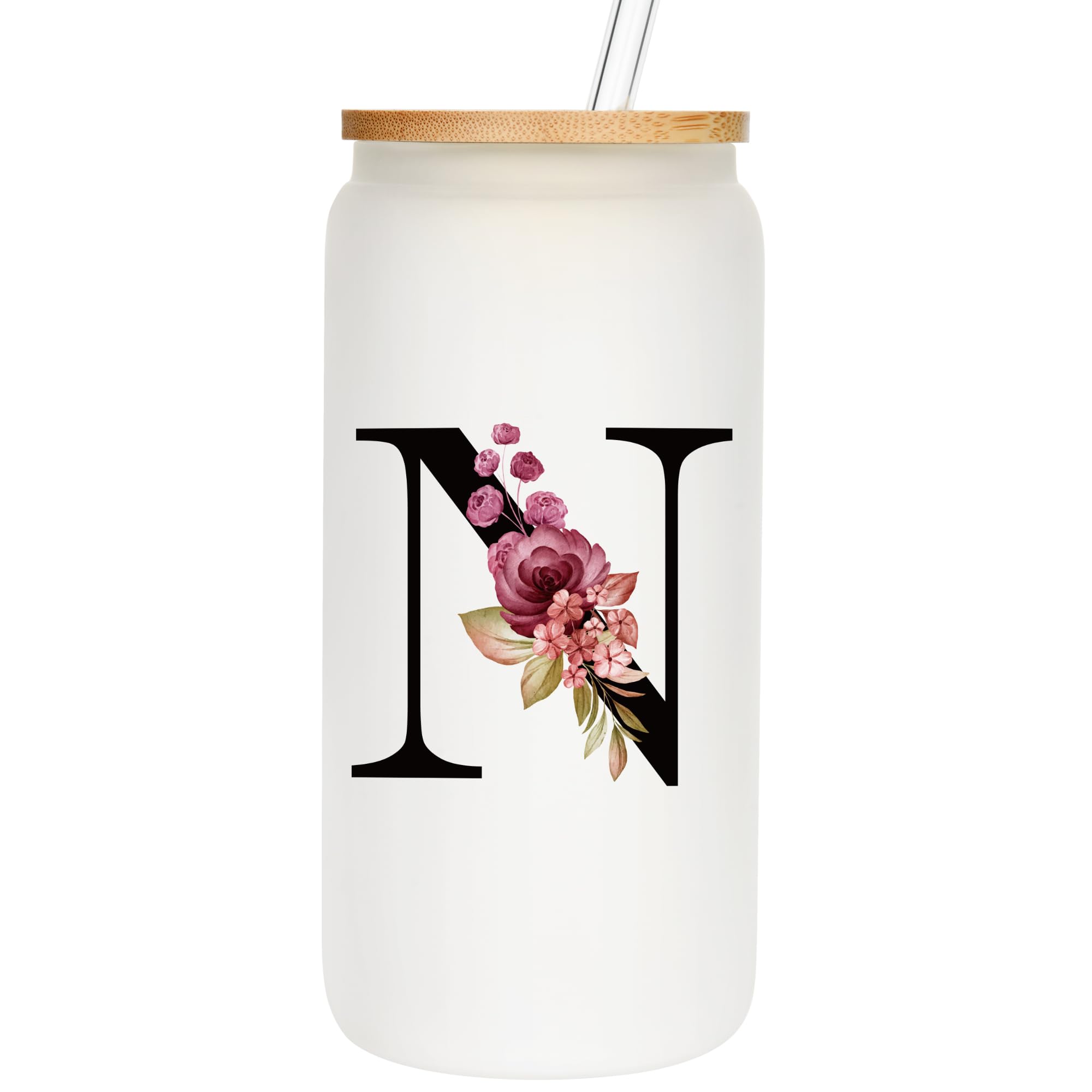 Personalized Gifts For Women, Monogrammed Frosted Glass Tumbler With Straw And Lid, Cute Customized Mug, Custom Initial Iced Cof