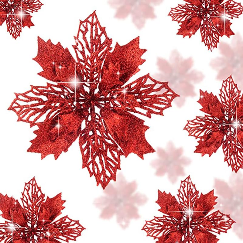 YYCRAFT Glitter Poinsettia Flowers 6 Inch for Christmas Tree Ornaments Christmas Decorations-12pcs,Red