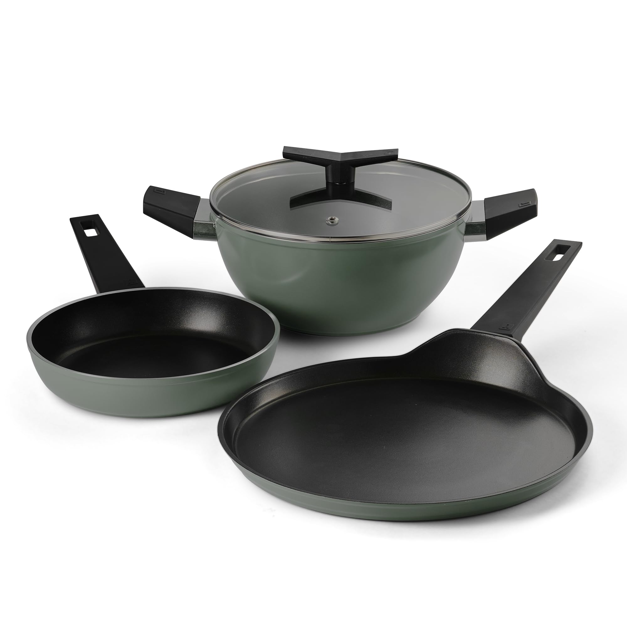 Tramontina Aura 4-Pc Cookware Set : 24Cm Kadhai + Lid, 24Cm Frypan, 28Cm Dosa Tawa | Reinforced Ceramic Non-Stick | Quick & Even
