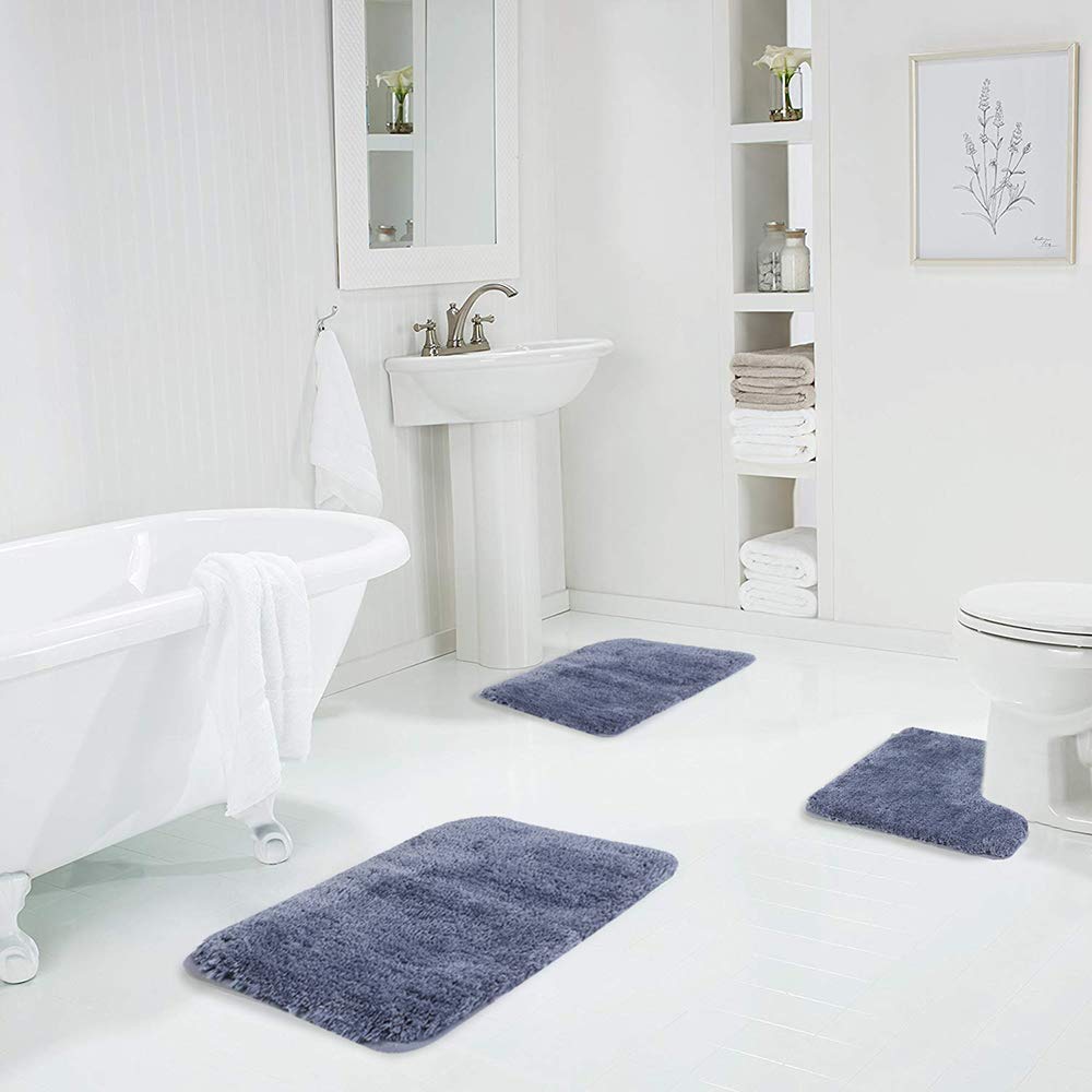 Walensee Shaggy 2 Piece Bath Rug Sets (Blue) 20 X 24 U Shape Contour Rug & 20 X 32 Bathroom Rug Machine Wash/Dry Bath Mats For B