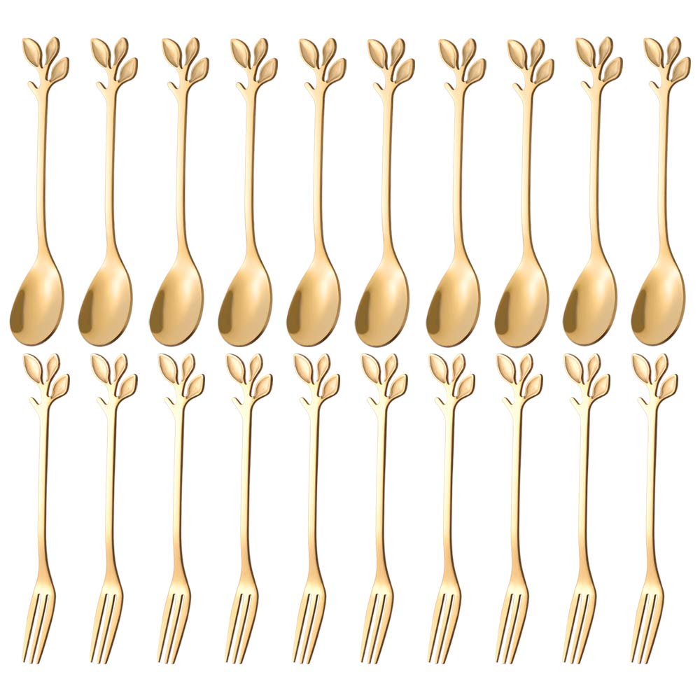 Ansaw 20-Pc Mini Gold Coffee Spoons & Dessert Forks Set, 4.7'' Stainless Steel Leaf Handle, Ideal For Tea, Appetizers, Tastings