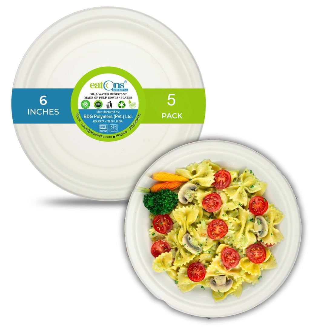 Eatons 6 Inch Bagasse Disposable Plates | EcoFriendly Biodegradable Compostable Sugarcane Plates | Quarter Plate | Serve Snacks