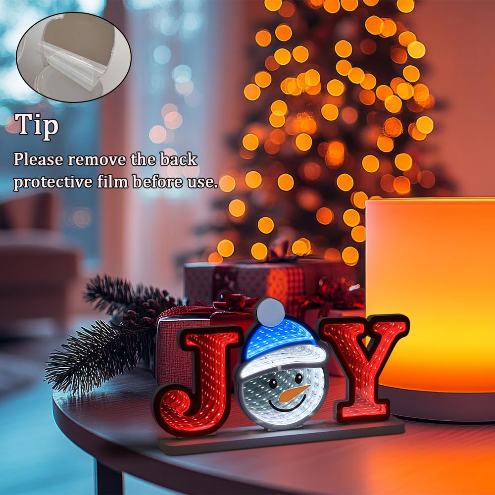 MEETYAMOR Christmas Decorations Indoor, JOY Snowman Infinity Mirror Tunnel Light, Christmas Table Decorations with Endless Exten