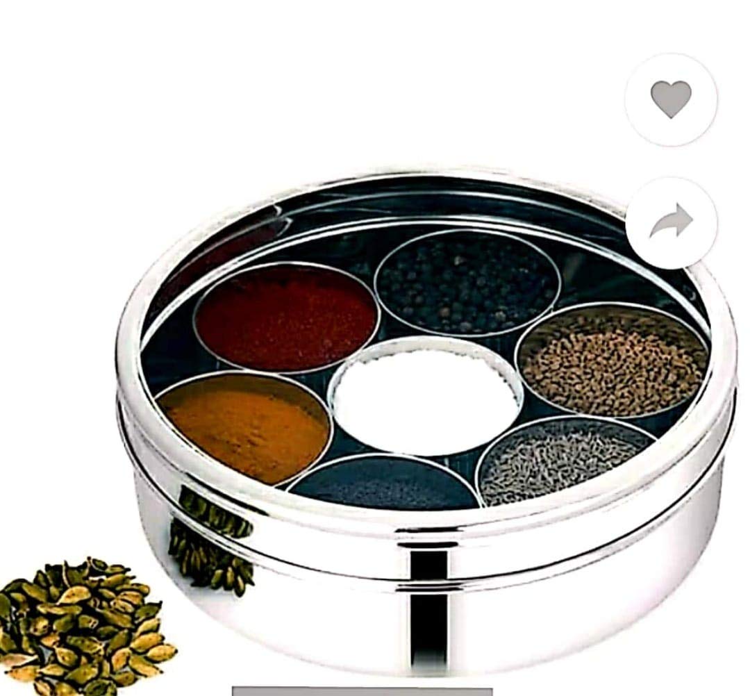 Shapat Stainless Steel Ring Shape Masala (Spice) Box/Dabba/Organiser With 7 Containers And Small Spoon Size No. 11 (1.5 Ltr Capa