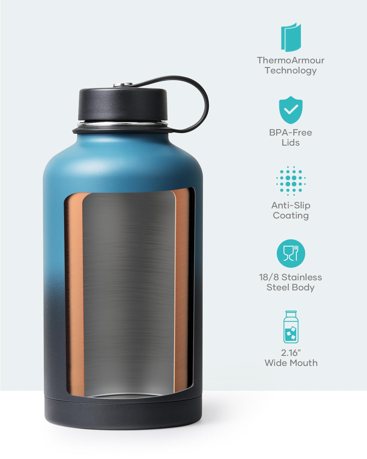 Buzio Insulated Water Bottle With Straw Lid And Flex Cap, 64Oz Double Wall Vacuum Stainless Steel Water Thermo Wide Mouth Lid, C