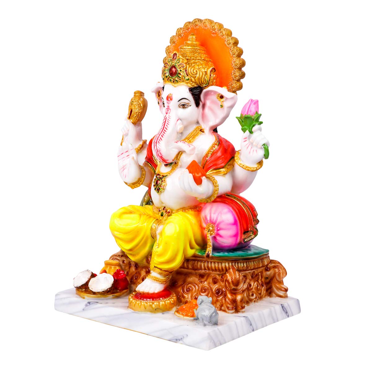 Divine Gifts Ganesh Marble Idol | Marble Statue | Murti for Pooja Room | Idols Home Decor (White & Golden) (Multi-Coloured, 12 I