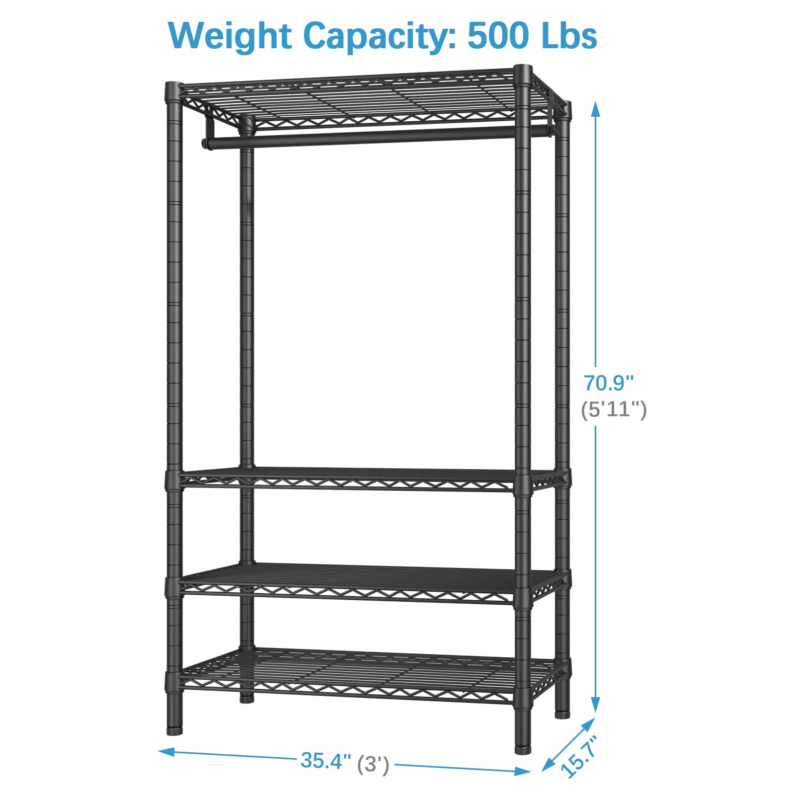 VIPEK V1S Wire Garment Rack 4 Tiers Heavy Duty Clothes Rack for Hanging Clothes Large Clothing Rack Freestanding Closet with Hanging Rod  35.4 ' ' L X 15.7 ' ' W X 70.9 ' ' H  Max Load 500LBS  Black
