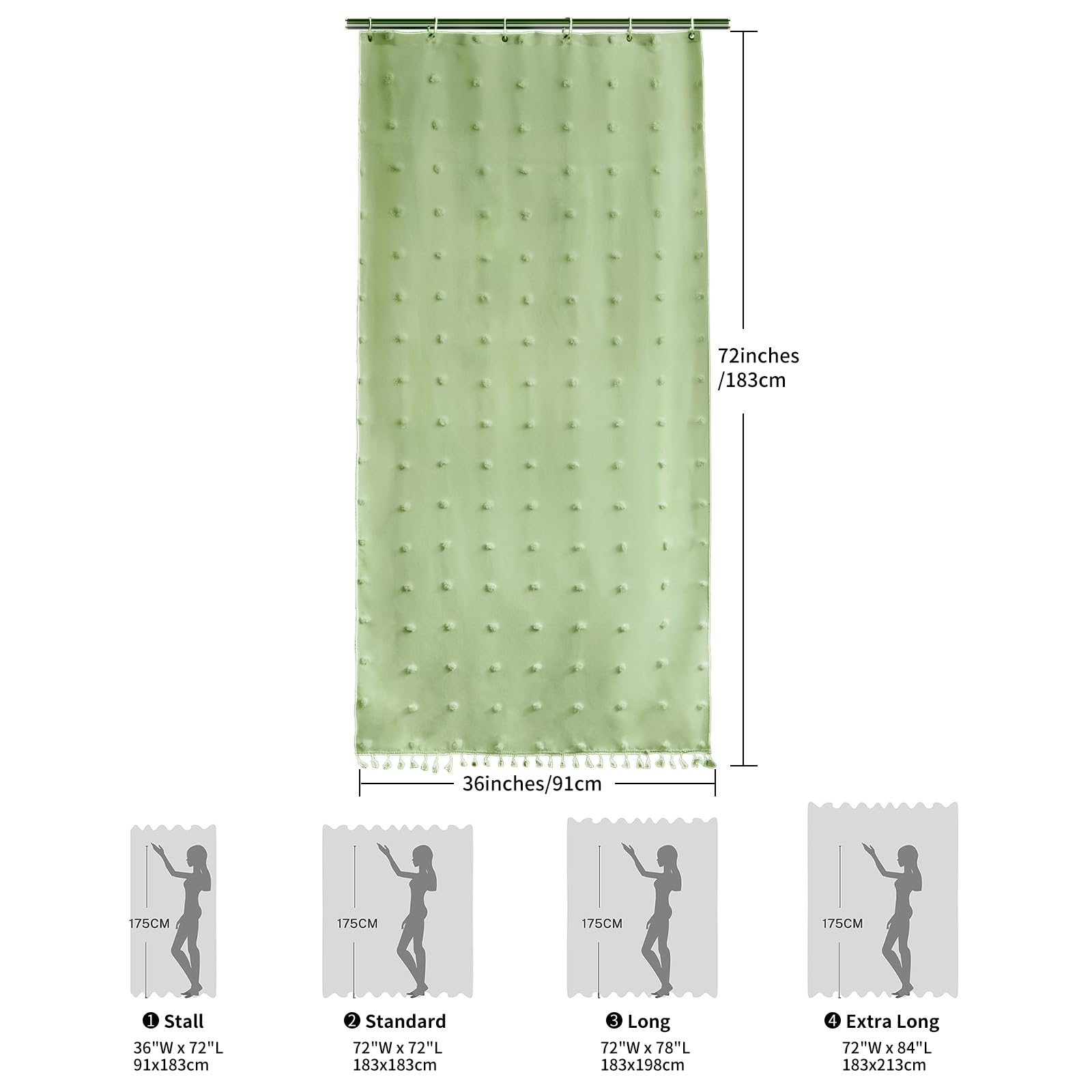 Lilycat Boho Farmhouse Sage Green Fabric Shower Curtain, 36X72 Tufted Pleat Floral Puffs Textured Tassel Cute Rustic Shower Curt