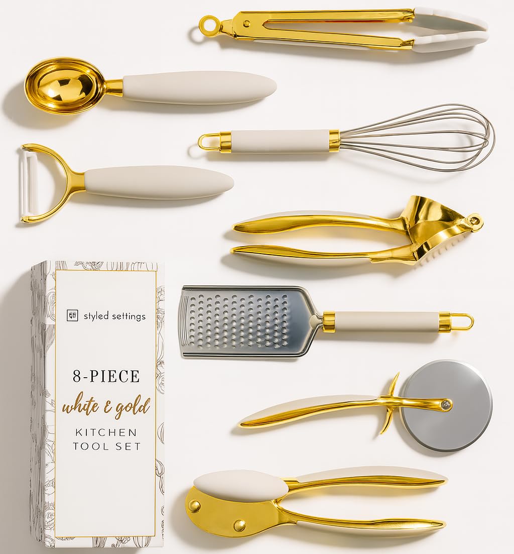 White & Gold Kitchen Tools And Gadgets - Luxe 8Pc Cooking Tools And Gadgets With Anti-Slip Handles, Gold Utensils Set, Gold Kitc