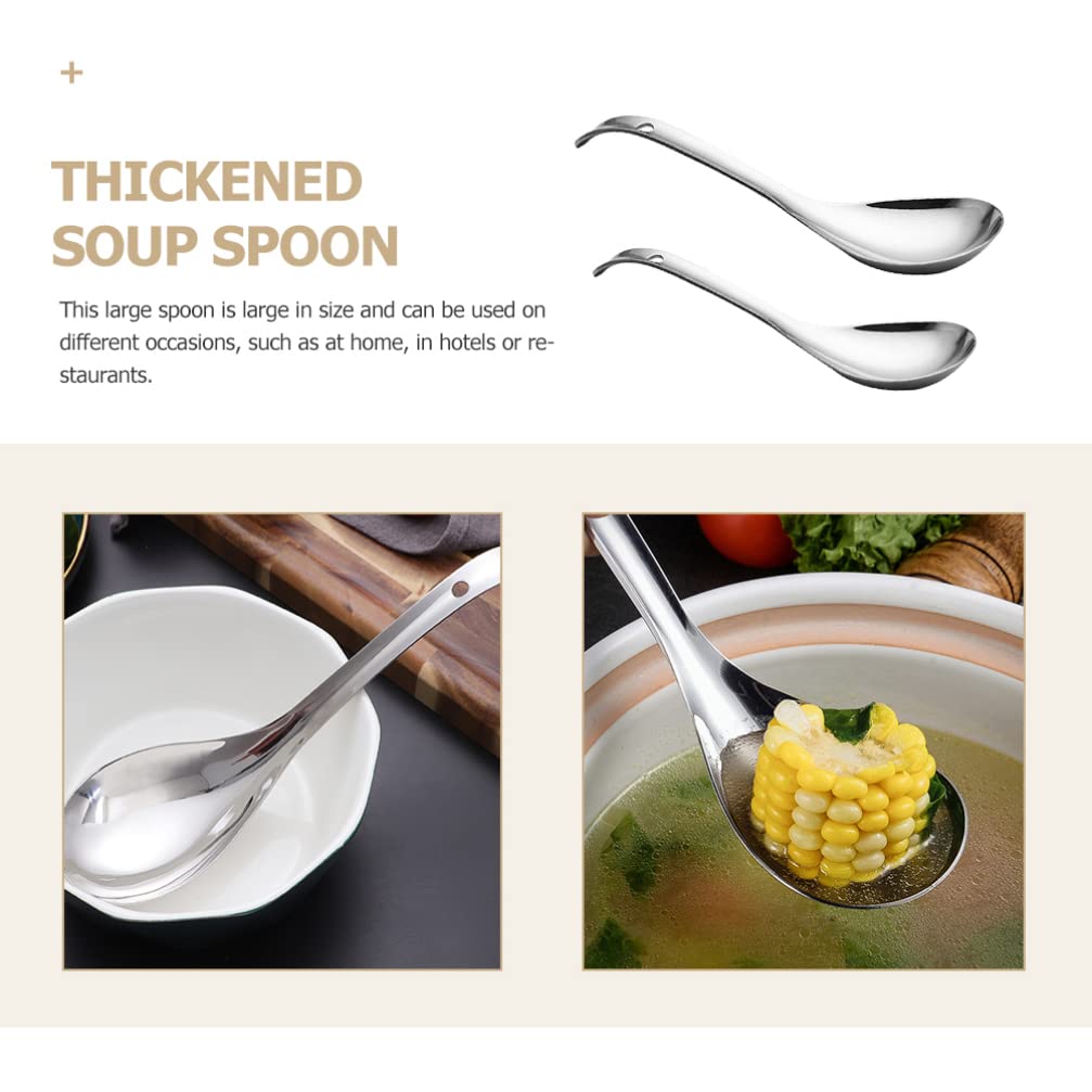 Cabilock Stainless Steel Soup Spoon Ladle: 2Pcs Metal Silver Rice Spoons Long Handle Dinner Spoons For Ramen Pho Wonton Dumpling