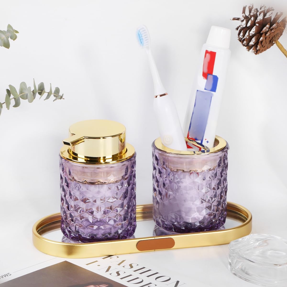 Fvstar Purple Bathroom Accessories Set, 2pcs Glass Bathroom Accessory Set with Foam Soap Dispenser and Toothbrush Holder, Gold F