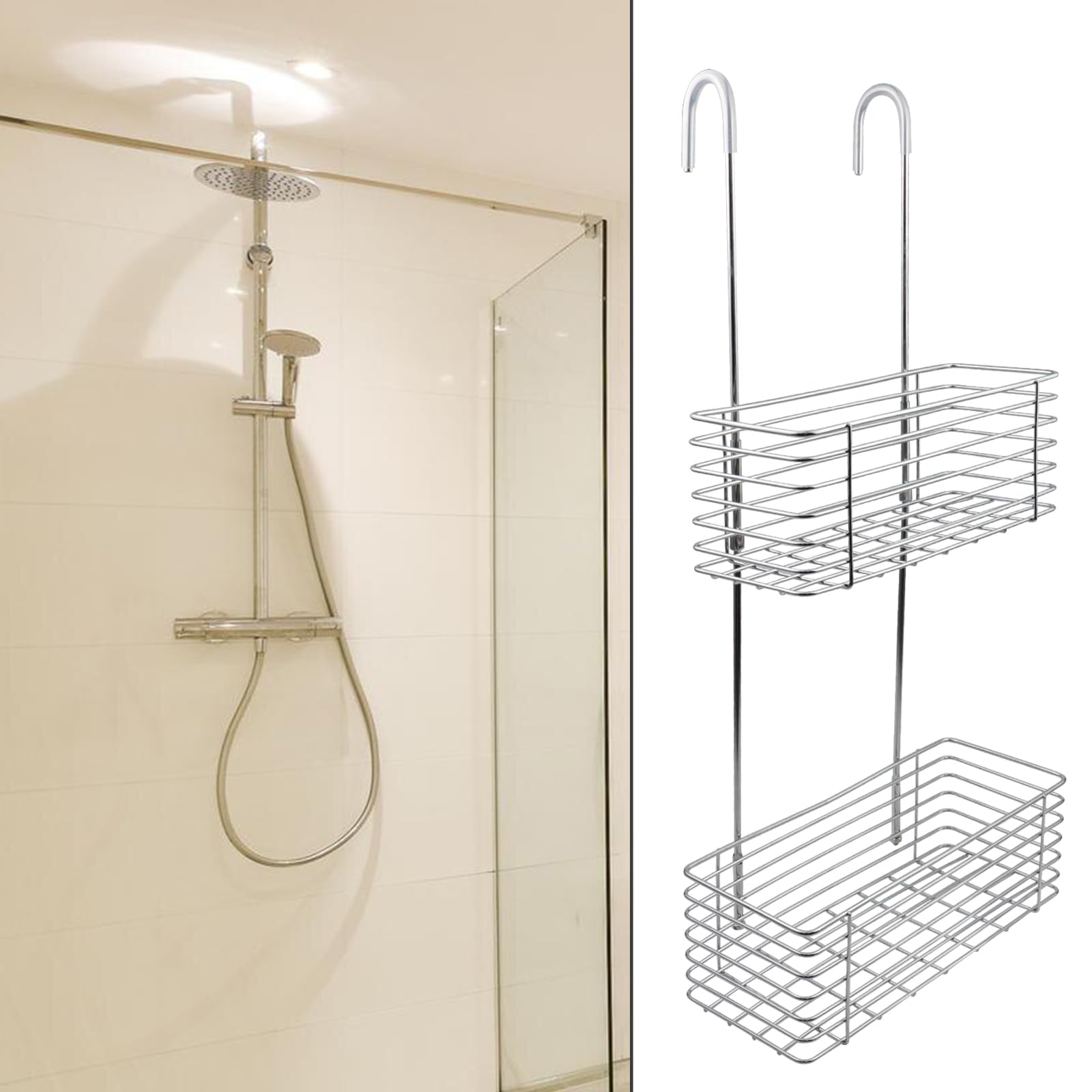 Antrader Hanging Shower Rack,Shower Caddy Hanging With Hooks,Hung On The Faucet Or The Door,The Back Hook Can Be Rotated,No Dril