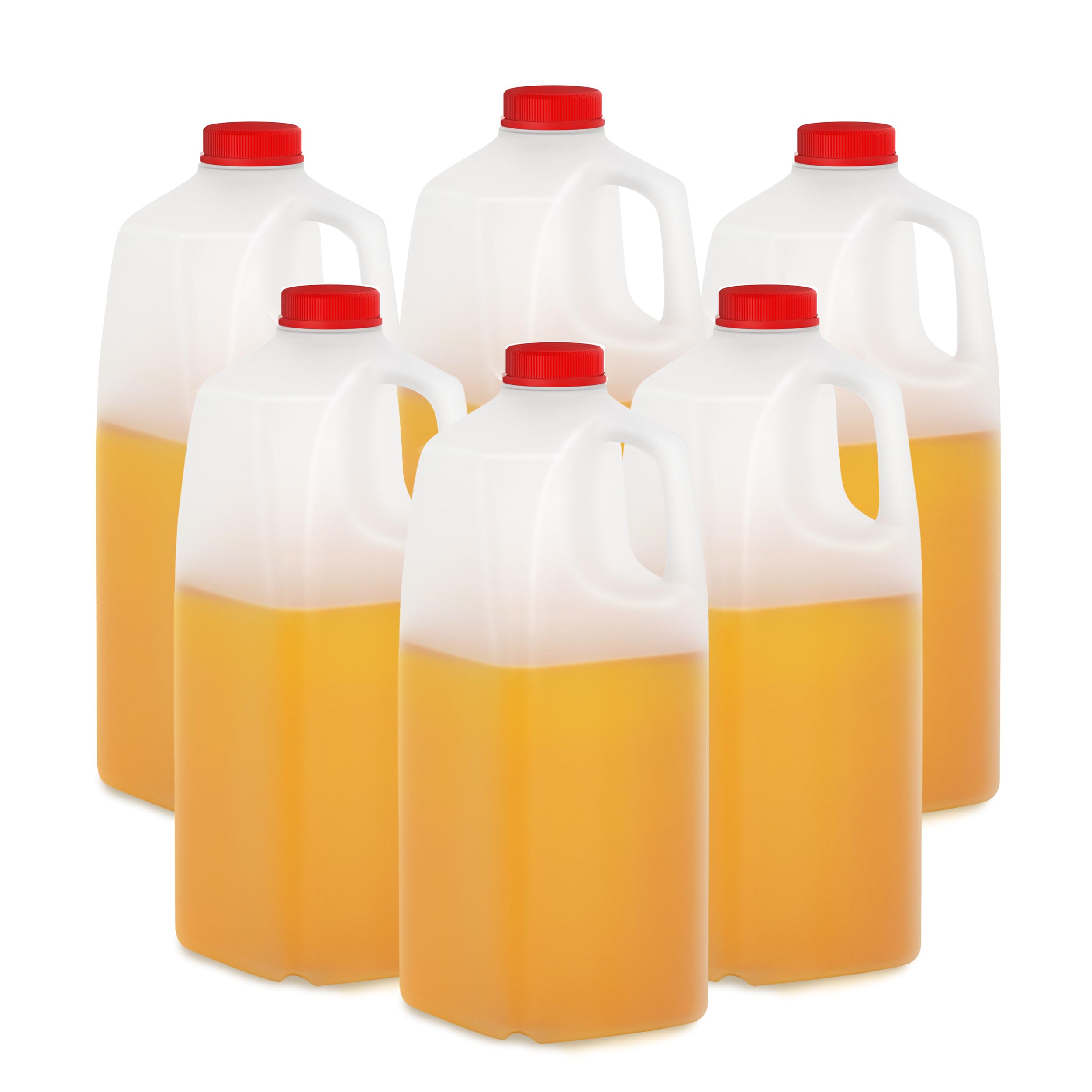 KitchenDine Plastic Milk Bottles, 64 Oz HDPE Material, Juice Bottles with Red TamperEvident Caps, Set of 6, Clear bottle with R
