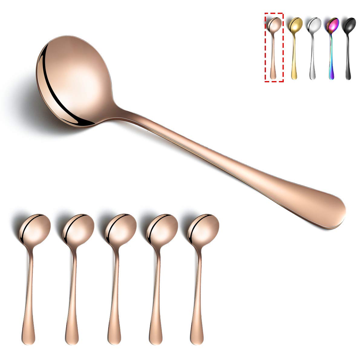 Rose Gold Soup Spoons, Kyraton 6 Pieces Stainless Steel Round Spoons With Rose Gold Titanium Plating, Rose Gold Dinner Spoon Tab