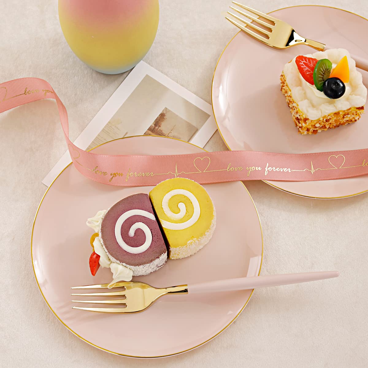 I00000 72Pcs Pink Gold Plastic Dessert Plates With 72Pcs Disposable Pink Forks, Premium Pink Appetizer Plates, Fancy Pink Salad