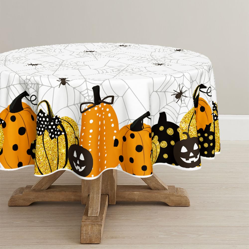Horaldaily Halloween Tablecloth 70X70 Inch Round, Jack-O-Lantern Pumpkin Cobweb Scary Themed Washable Table Cover For Party Picn