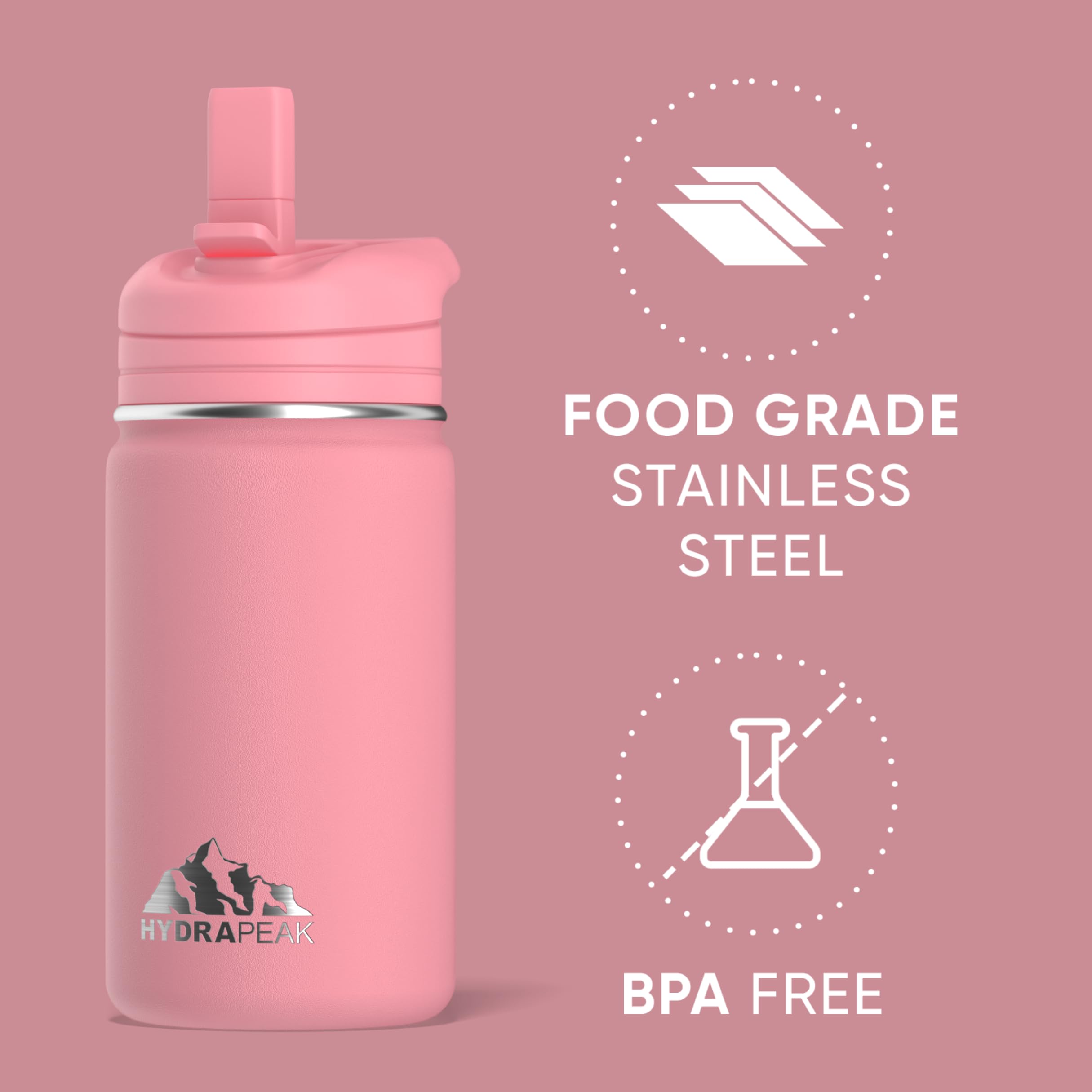 Hydrapeak 14Oz Kids Insulated Water Bottle With Straw Lid, Bubblegum, 14.0 Fl Oz, Stainless Steel, Thermos