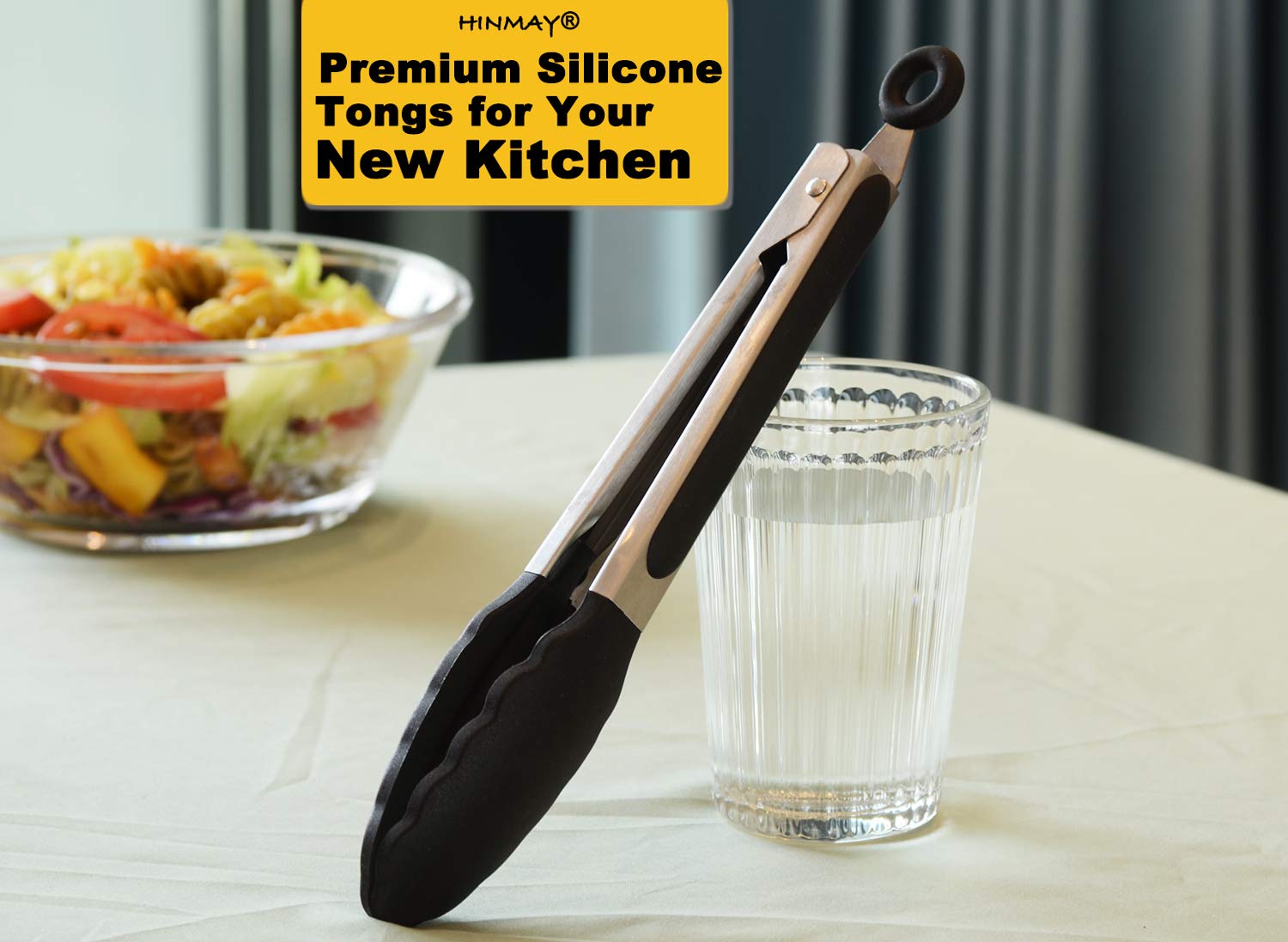 Hinmay 9-Inch Kitchen Cooking Tongs With Silicone Tips, Set Of 3 (Black White Gray)