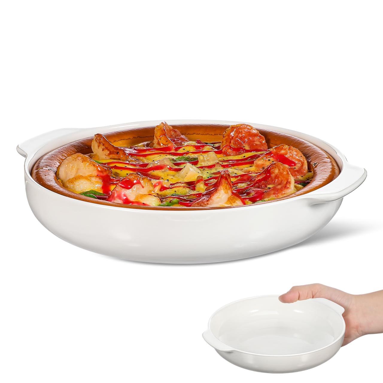 Kichvoe Ceramic Pie Pan with Handles 7.99 Inch White Round Baking Dish Pie Pan for Roasting Cheese Microwave Oven Dishwasher Ref